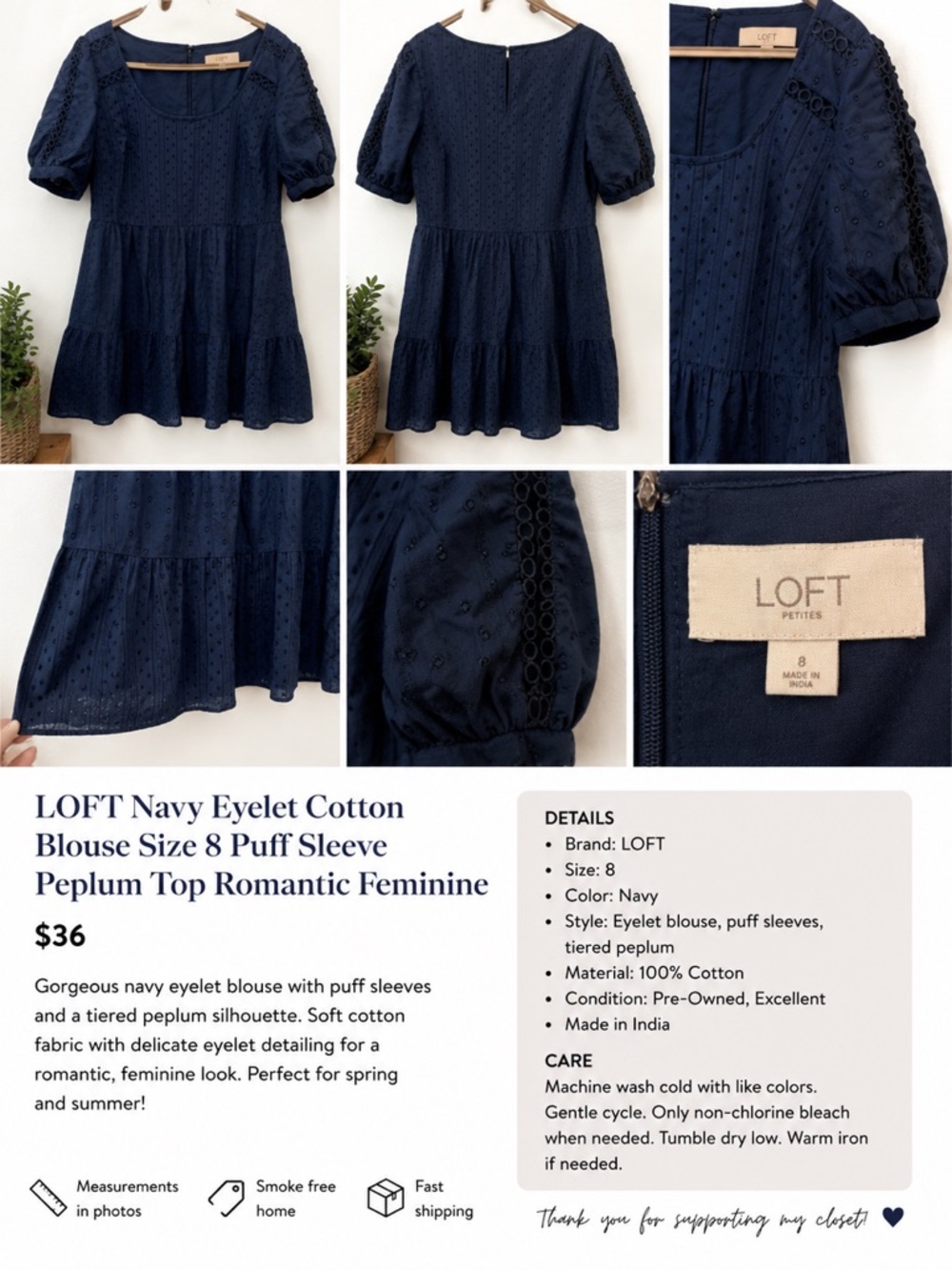 LOFT Navy Eyelet Cotton Blouse Size 8 Puff Sleeve Peplum Top Romantic Feminine